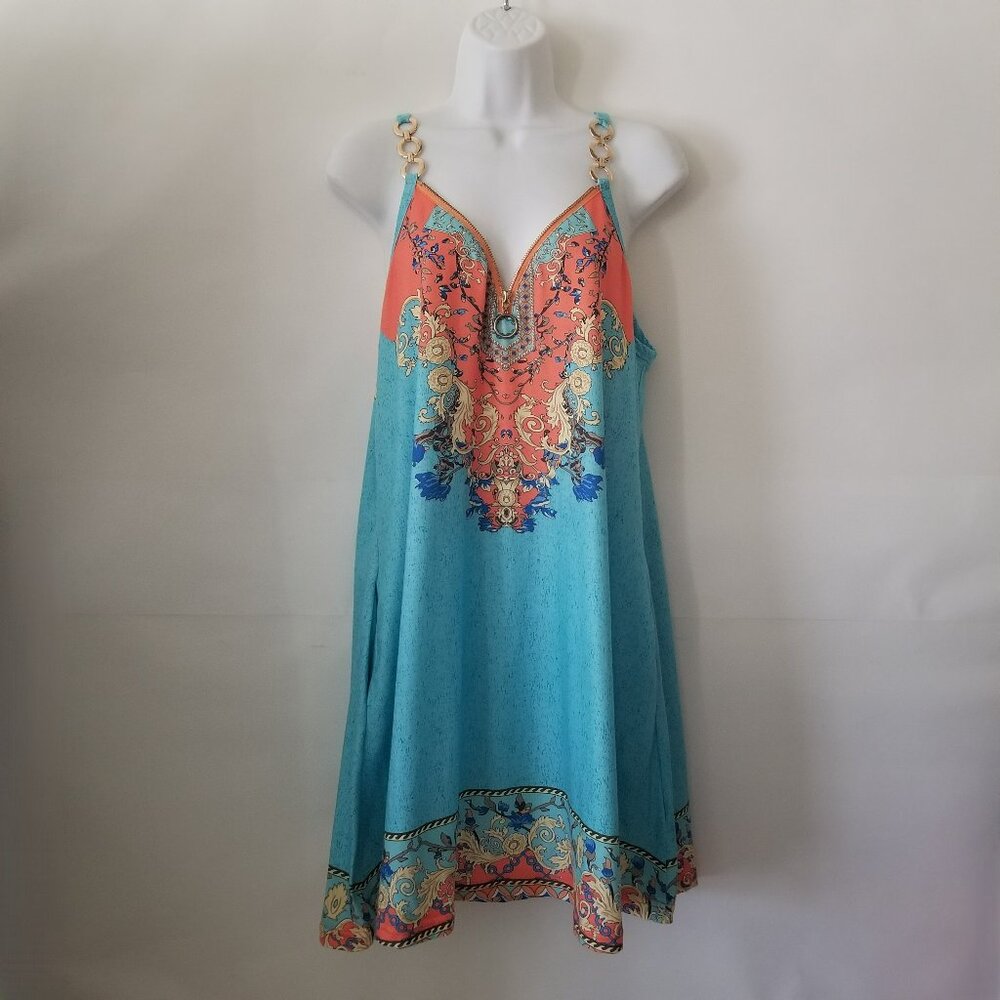 Damask Pattern Women XL Strappy Blue Orange Yellow Pull Over Swing Dress Pockets